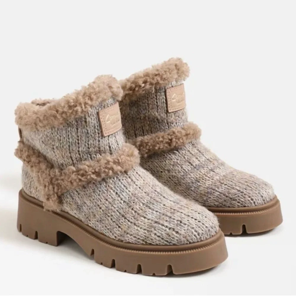 Sam Edelman Tan Knit Faux-Shearling Lug Ankle Boots